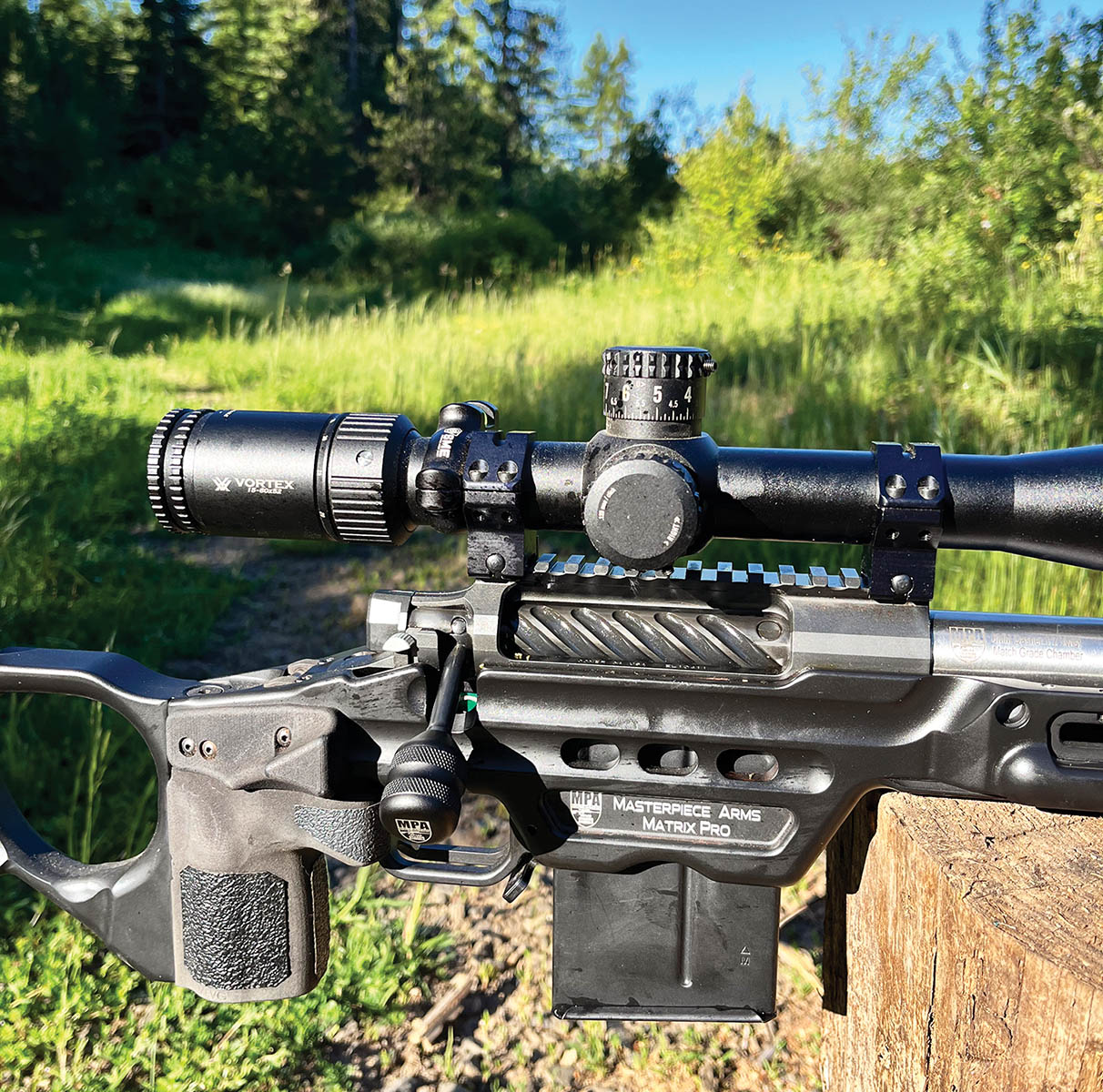 The test rifle was Masterpiece Arms Matrix Pro, which is built on a Curtis Custom action with an integral recoil lug. It was created to meet the Production Class requirements of the 2023 Precision Rifle Series.